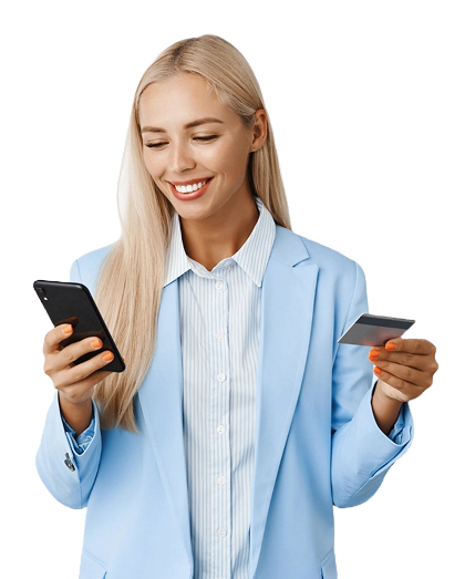 Woman holding smartphone and credit card